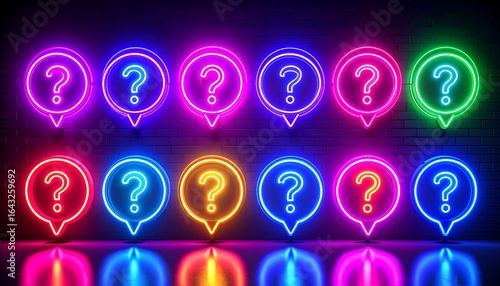 Neon question marks on a brick wall