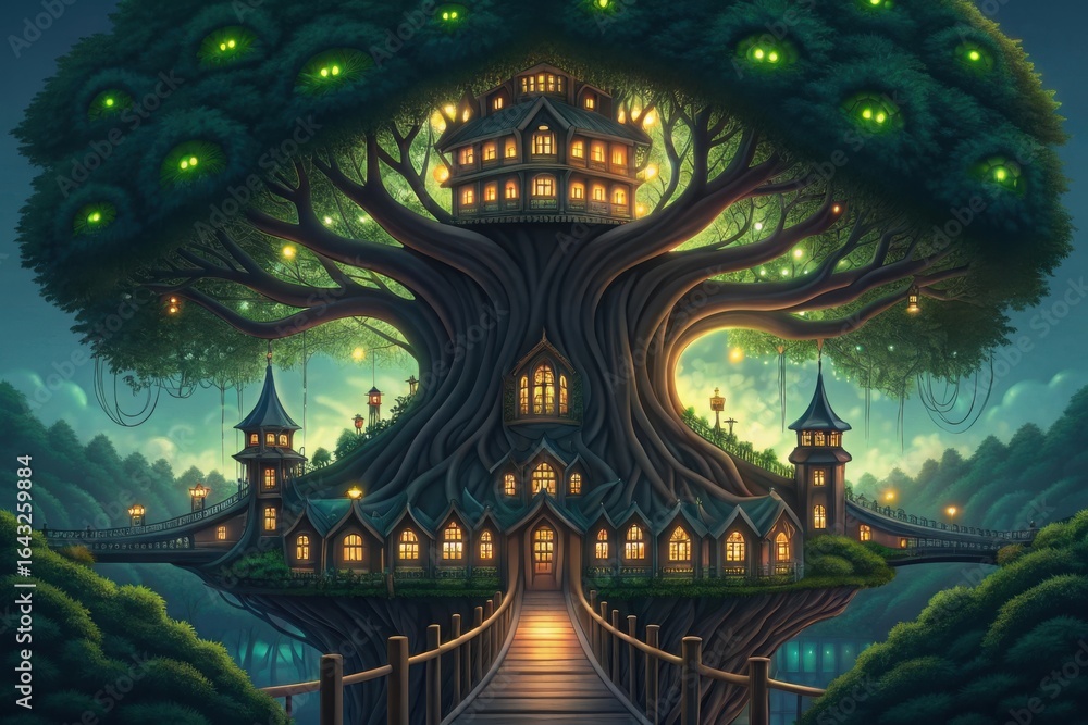 Fototapeta premium Enchanted treehouse village with glowing lights and mystical atmosphere