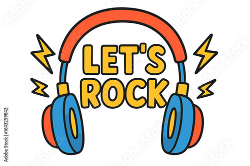 Colorful headphone design with a motivational message about rock music and celebration of sound