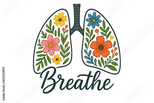 Colorful illustration of lungs adorned with flowers promoting the message to breathe in a calming design