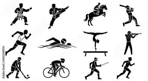 Diverse athletic pursuits illustrated by a set of black sport athlete silhouette icons