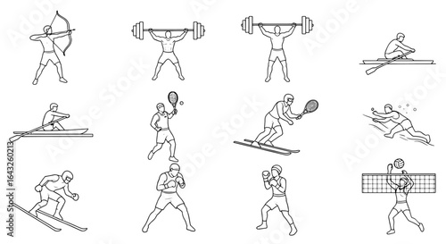 Collection of line art sport icons showing athletes in various summer and winter disciplines