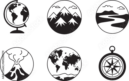 Globe mountains river volcano world map compass icons earth