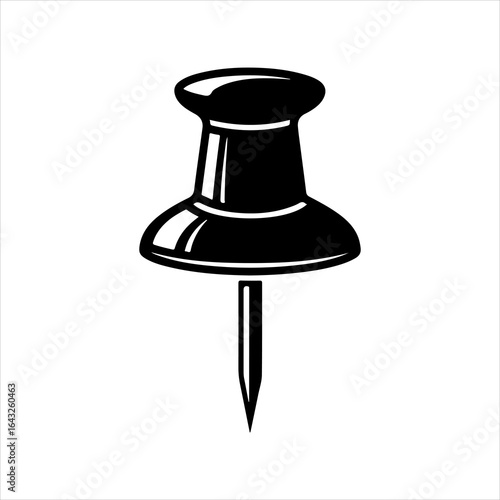 Black push pin icon on white background with sharp metal point thumbtack tack