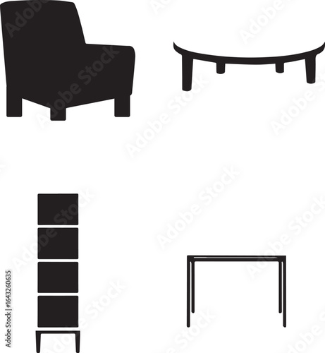 Minimalist furniture icons armchair coffee table shelf desk vector