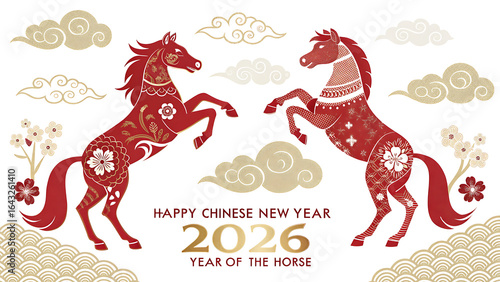 A festive chinese new year 2026 greeting card featuring ornate red and gold horses surrounded by clouds and floral designs, celebrating the year of the horse