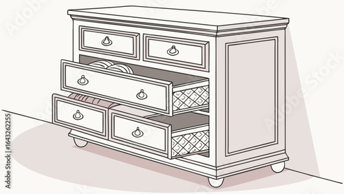 Dresser with four drawers and decorative handles and lattice pattern on the drawer interiors visible