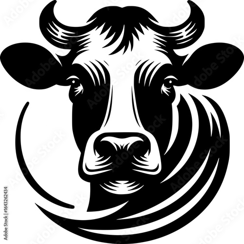 Cow Portrait: A stark black and white vector illustration showcases a stylized cow face, perfect for evoking feelings of rural calm and simplicity.