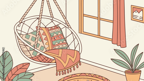 Interior scene with hanging chair pillows rug plants window and framed picture on the wall artful design