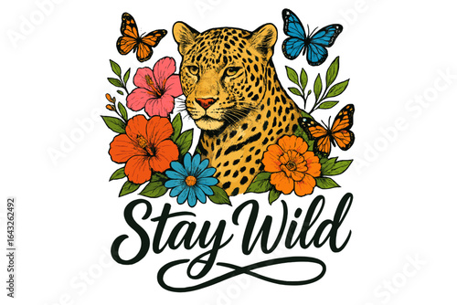 Colorful leopard surrounded by flowers and butterflies promotes a wild spirit in nature scene
