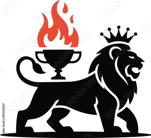Lion silhouette wearing crown beside flaming trophy black color vector on white background