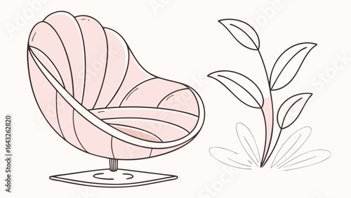A pink swivel chair with a plant next to it in a simplistic drawing style on a white background