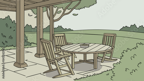 Outdoor patio scene with round table and chairs under a pergola in a backyard setting view of nature