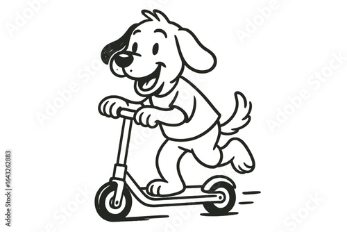 Dog happily rides a scooter on a sunny day in a playful cartoon setting, showcasing fun and joy in outdoor activities