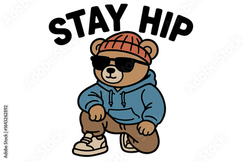 Cool bear character wearing sunglasses and a hoodie while striking a trendy pose with a playful message at a casual setting
