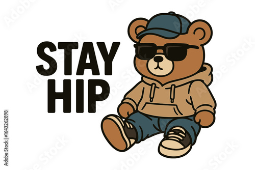 Cute bear character wearing sunglasses and a hoodie with a casual outfit promoting a fun and trendy vibe
