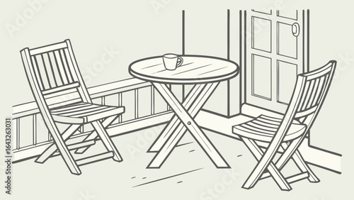 Illustration of outdoor seating area with two chairs a table and a cup near a door