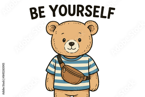Cute bear character with a striped shirt and message of self-acceptance displayed in a colorful illustration