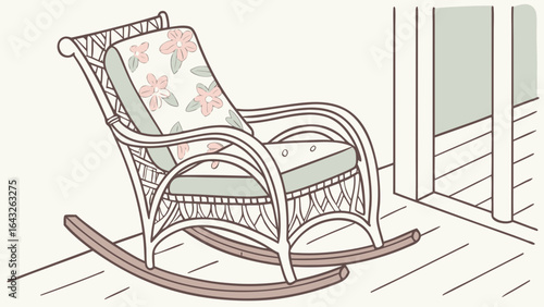 Illustration of a wicker rocking chair with floral cushion on a porch near a door opening