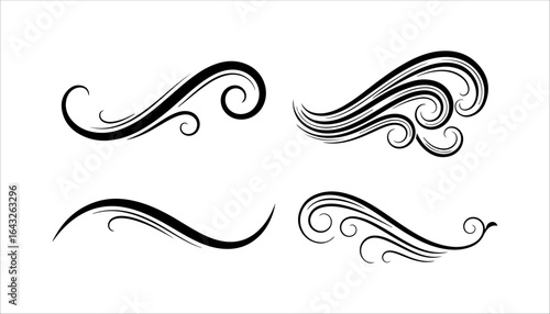 Four black ornate scroll and flourish design elements decorative