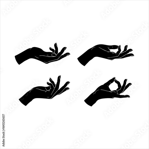 Four black silhouette hands in various yoga mudra gestures on white vector illustration