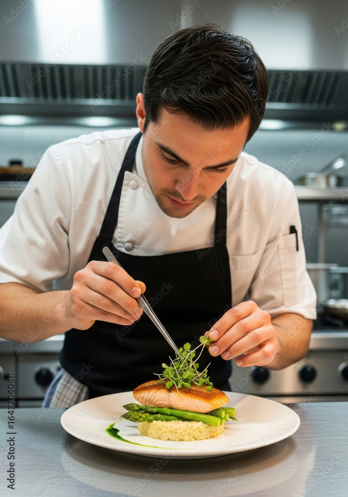 Chef meticulously garnishing a gourmet salmon dish with fresh herbs in a professional kitchen Chef meticulously garnishing a gourmet salmon dish with fresh herbs in a professional kitchen