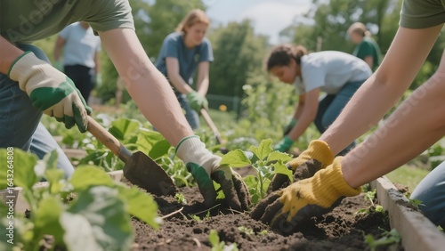 Group of volunteers planting vegetables in a community garden