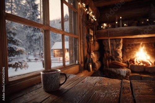 Cozy wooden cabin interior with a roaring fireplace, steaming mug on a rustic table, and a snowy forest view through the window.