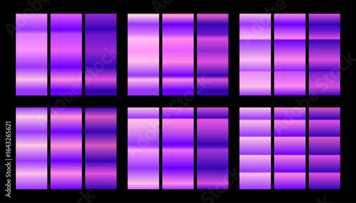 Vector set of glossy purple gradients. A collection of smooth and shiny metallic color palettes for modern graphic design.