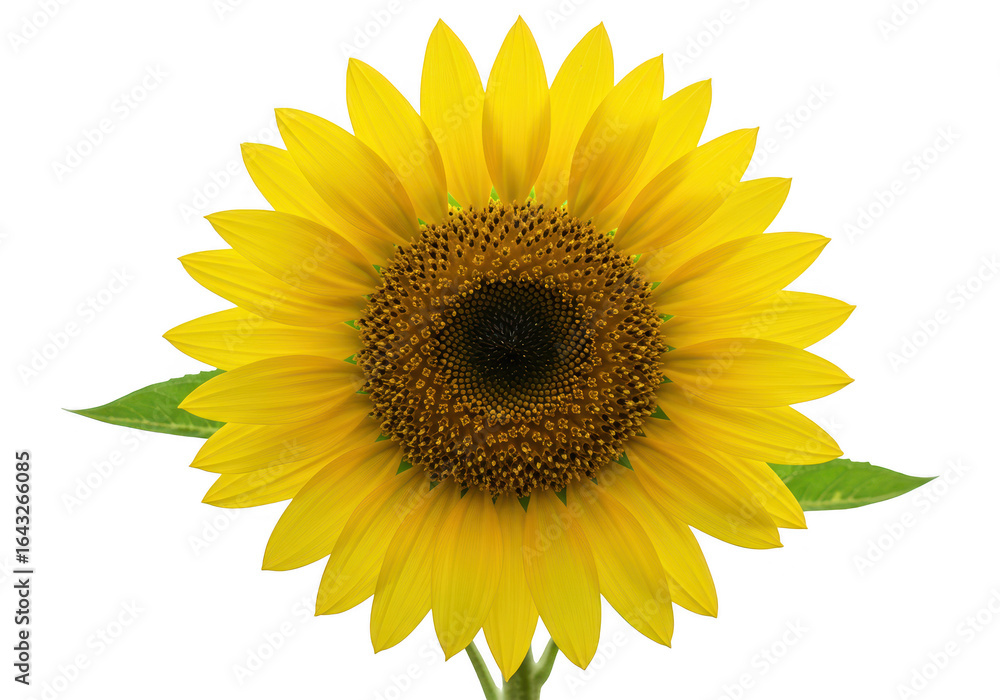 Fototapeta premium Vibrant yellow sunflower in full bloom with green leaves, isolated on transparent background
