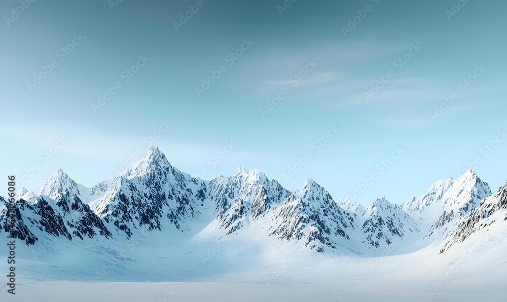 Majestic snow-covered mountain peaks rise against soft turquoise sky creating serene winter landscape panorama. Pristine alpine scenery with dramatic ridgelines and valleys. Majestic snow-covered mountain peaks rise against soft turquoise sky creating serene winter landscape panorama. Pristine alpine scenery with dramatic ridgelines and valleys.