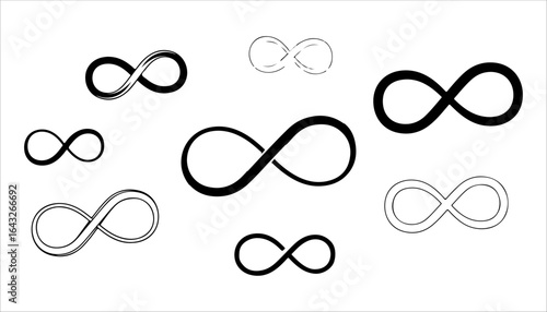 Various infinity symbols in black and white outlines endless loop