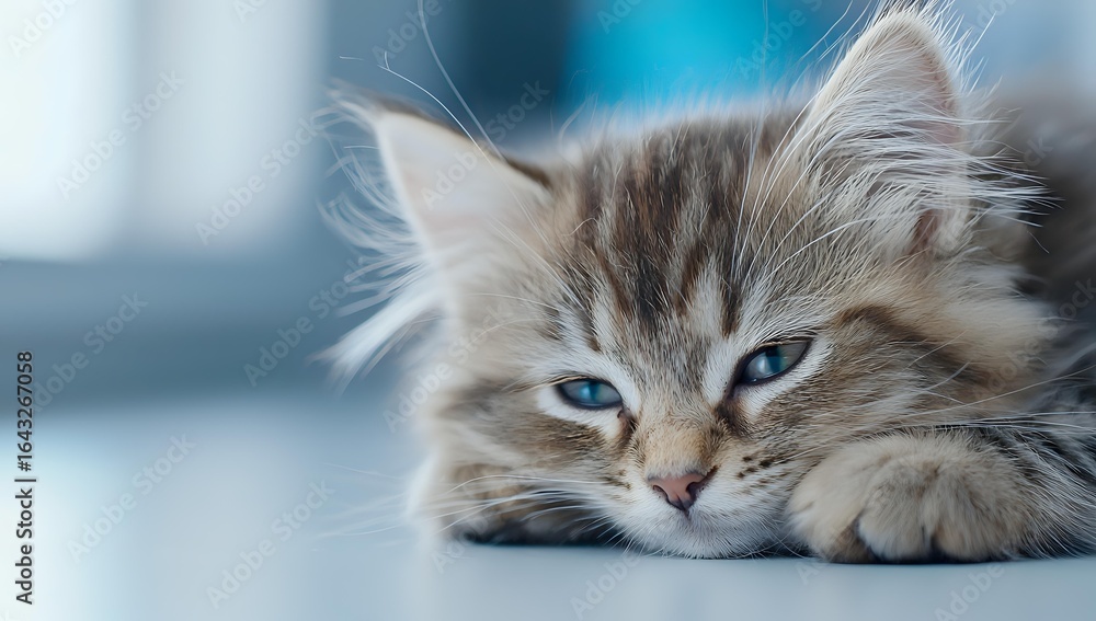 Naklejka premium Sleepy gray tabby kitten with striking blue eyes lying down on light surface against blurred background, soft focus portrait creating dreamy atmosphere.