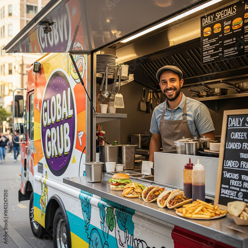 Man stands behind a food truck with a smiling face