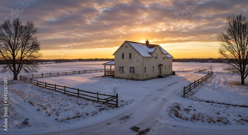Farmhouse house exterior panoramic view in winter with stucco finish under sunset - Real Estate & Property Design