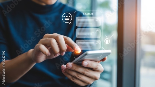 AI Chatbot - A man holding a smartphone, with a glowing chatbot and chat bubbles, symbolizing conversational AI and customer support