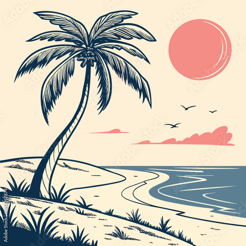 Tropical Paradise: A stylized scene of a tranquil beach. A majestic palm tree sways gently under a warm sun, with rolling waves gently caressing the shore, creating a perfect paradise setting. 