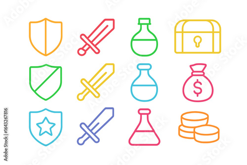 Colorful icons of shields, swords, potions, and treasures representing a fantasy adventure theme