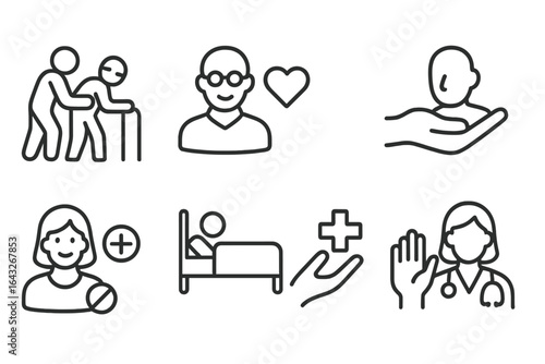 Caregiving icons illustrating support, health, and compassion for the elderly in a simple design
