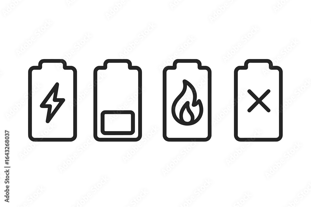 Battery status icons representing charge levels and energy indicators in a simplistic design Battery status icons representing charge levels and energy indicators in a simplistic design