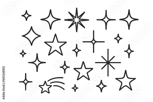 Creative arrangement of various star shapes and designs on a white background in minimalistic style