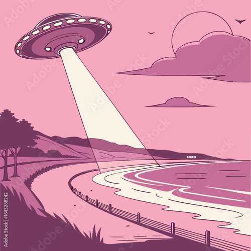 UFO sighting at the Beach: A retro-style illustration captures a UFO hovering over a scenic beach landscape, beaming down light in a whimsical, vintage aesthetic.