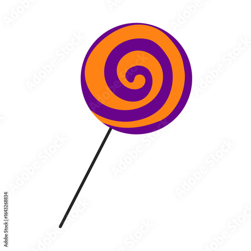 A candy lollipop with a purple and orange swirl. The candy is on a white background