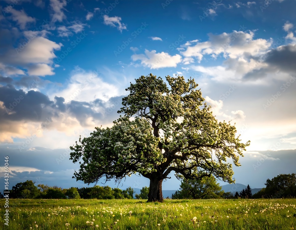 Obraz premium A large tree in a field under a dramatic sky