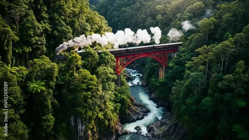 Steam Train Journey: Crossing Red Bridge Through Lush Green Forest Landscape
