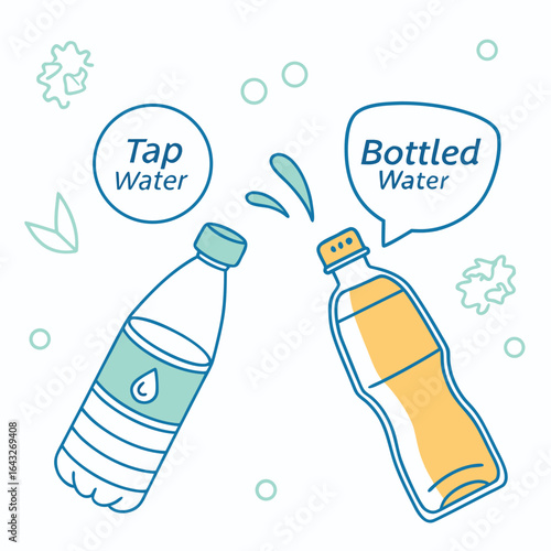 Tap Water vs. Bottled Water: A fresh and crisp vector illustration of bottled and tap water in a modern design