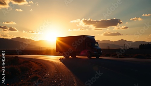 a tranquil scene at sunset with a truck parked by the side of the road.