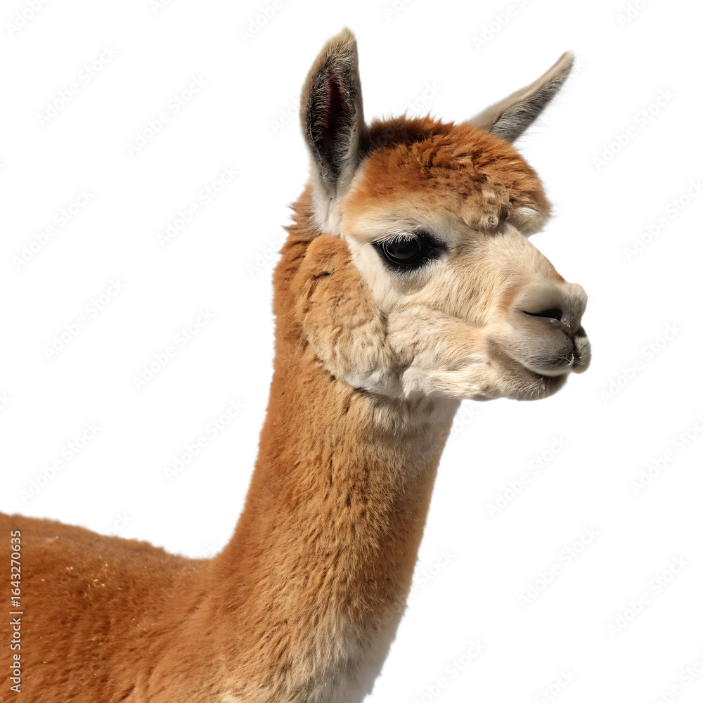 Obraz premium Fluffy brown alpaca head and neck isolated on a transparent background animal wool