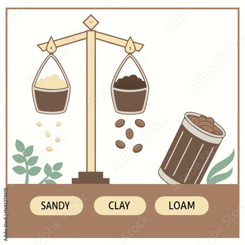 Soil composition: A visual representation of sandy soil, clay soil, and loam, comparing their weight and characteristics through a simple, illustrated balance scale