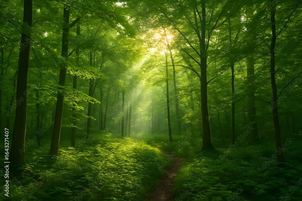 Obraz premium Sun rays shining through trees in a lush, green forest